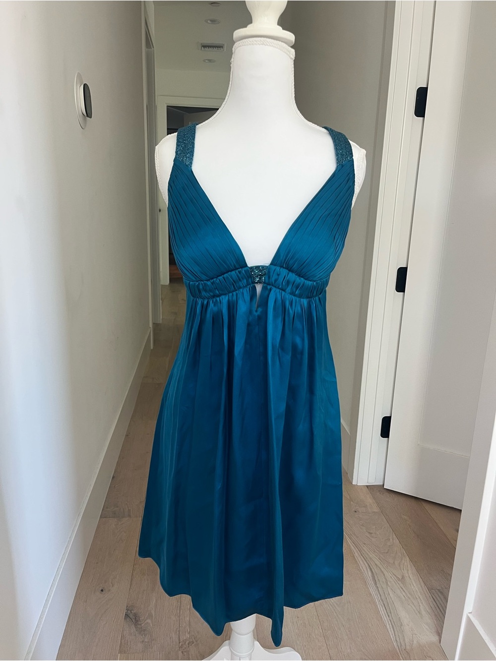 Teal silk beaded V-Neck Cocktail Dress